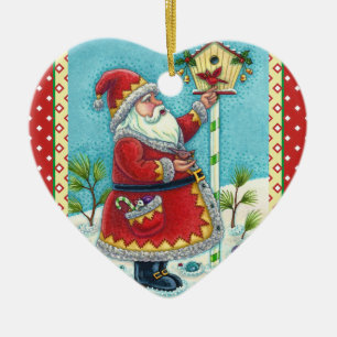 KRIS KRINGLE FEEDING REDBIRDS, CHRISTMAS BIRDHOUS CERAMIC ORNAMENT