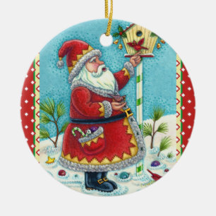 KRIS KRINGLE FEEDING REDBIRDS, CHRISTMAS BIRDHOUSE CERAMIC ORNAMENT