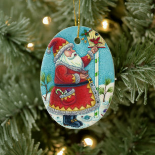 KRIS KRINGLE FEEDING REDBIRDS, CHRISTMAS BIRDHOUSE CERAMIC ORNAMENT