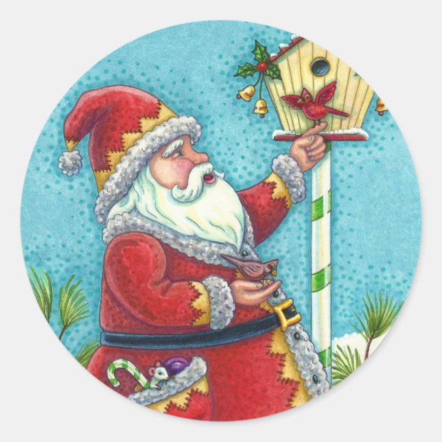 KRIS KRINGLE FEEDING REDBIRDS, CHRISTMAS BIRDHOUSE CLASSIC ROUND STICKER (Front)
