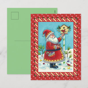 KRIS KRINGLE FEEDING REDBIRDS, CHRISTMAS BIRDHOUSE HOLIDAY POSTCARD
