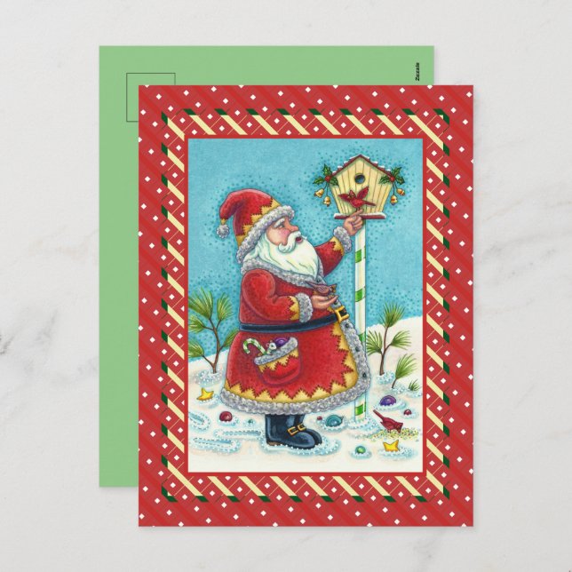 KRIS KRINGLE FEEDING REDBIRDS, CHRISTMAS BIRDHOUSE HOLIDAY POSTCARD (Front/Back)