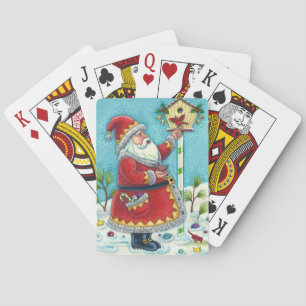 KRIS KRINGLE FEEDING REDBIRDS, CHRISTMAS BIRDHOUSE PLAYING CARDS