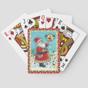 KRIS KRINGLE FEEDING REDBIRDS, CHRISTMAS BIRDHOUSE PLAYING CARDS