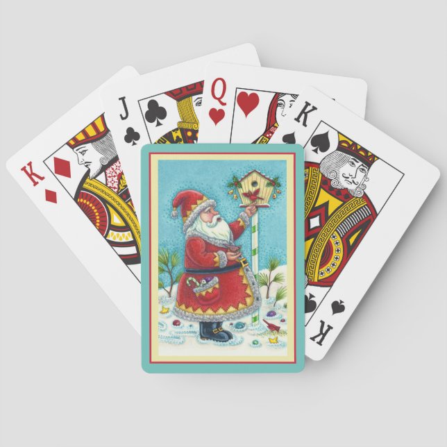 KRIS KRINGLE FEEDING REDBIRDS, CHRISTMAS BIRDHOUSE PLAYING CARDS (Back)