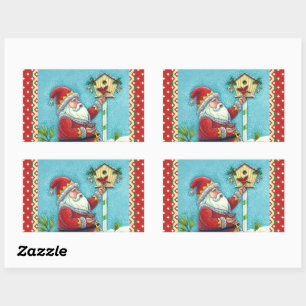 KRIS KRINGLE FEEDING REDBIRDS, CHRISTMAS BIRDHOUSE RECTANGULAR STICKER