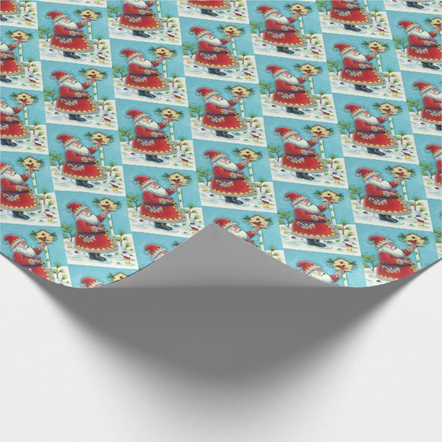 KRIS KRINGLE FEEDING REDBIRDS, CHRISTMAS BIRDHOUSE WRAPPING PAPER (Corner)