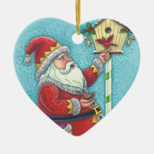 KRIS KRINGLE REDBIRDS, MERRY CHRISTMAS SANTA CERAMIC ORNAMENT