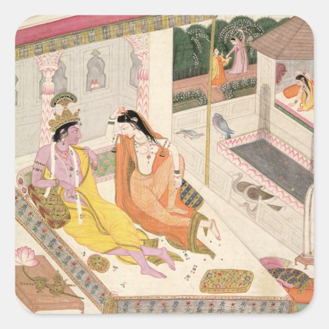Krishna and Radha on a bed in a Mogul palace, Punj Square Sticker (Front)