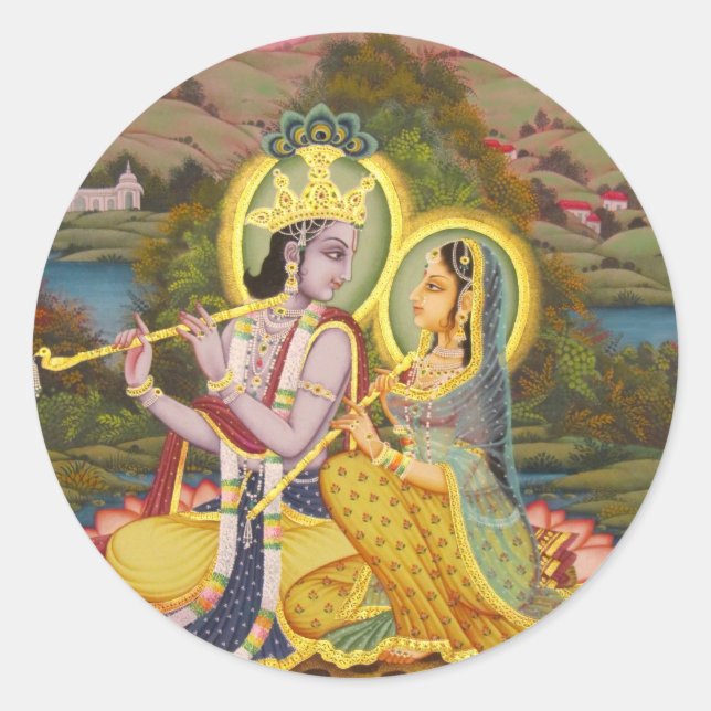 Krishna and Radha on lotus Classic Round Sticker (Front)