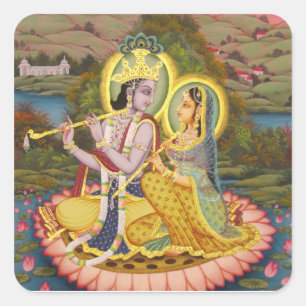 Krishna and Radha on lotus Square Sticker