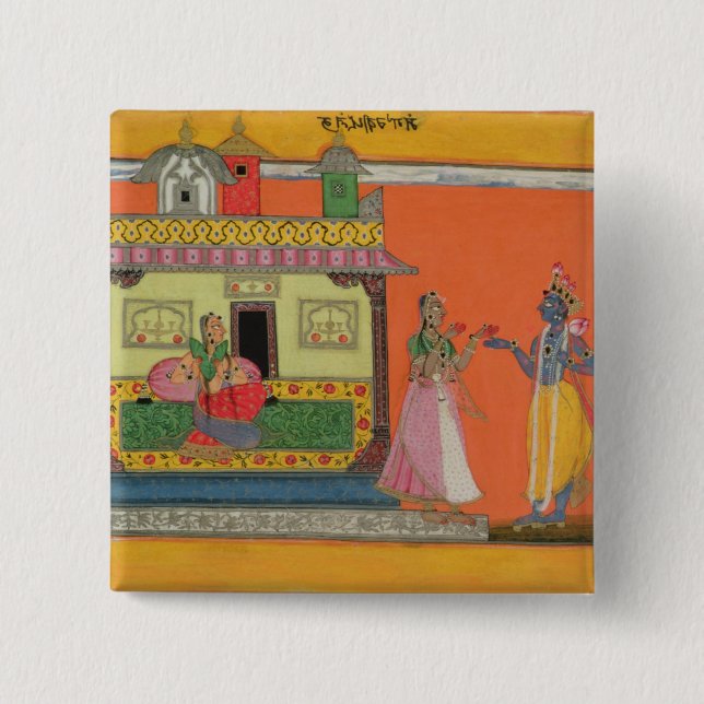Krishna arriving at Radha's house, illustration fr 15 Cm Square Badge (Front)