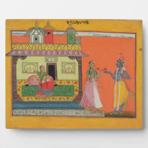 Krishna arriving at Radha's house, illustration fr Plaque