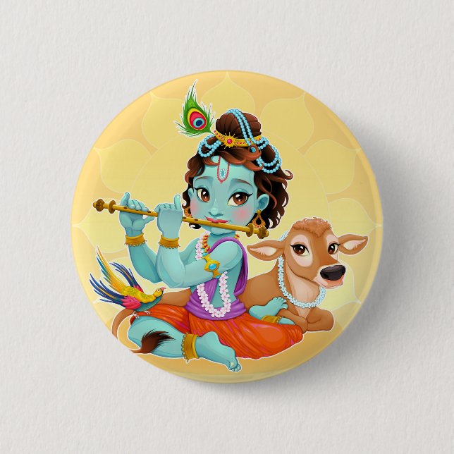 Krishna Indian God playing flute illustration 6 Cm Round Badge (Front)