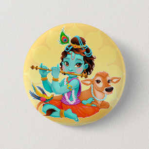 Krishna Indian God playing flute illustration 6 Cm Round Badge