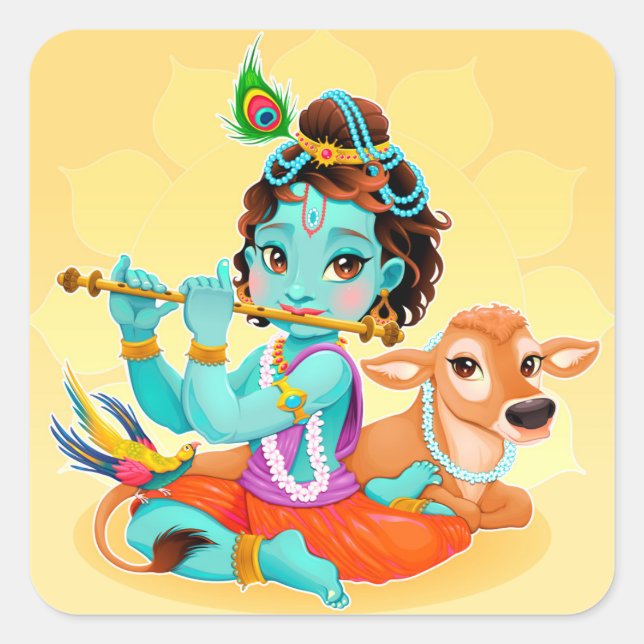 Krishna Indian God playing flute illustration Square Sticker (Front)