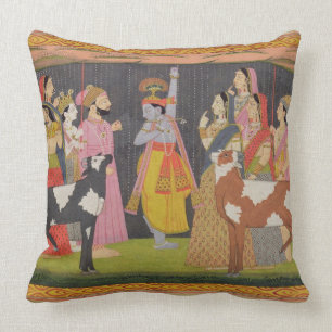 Krishna lifting Mount Govardhana, from the 'Bhagav Cushion