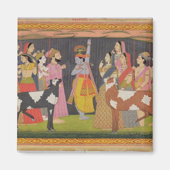 Krishna lifting Mount Govardhana, from the 'Bhagav Magnet (Front)