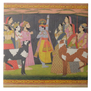 Krishna lifting Mount Govardhana, from the 'Bhagav Tile