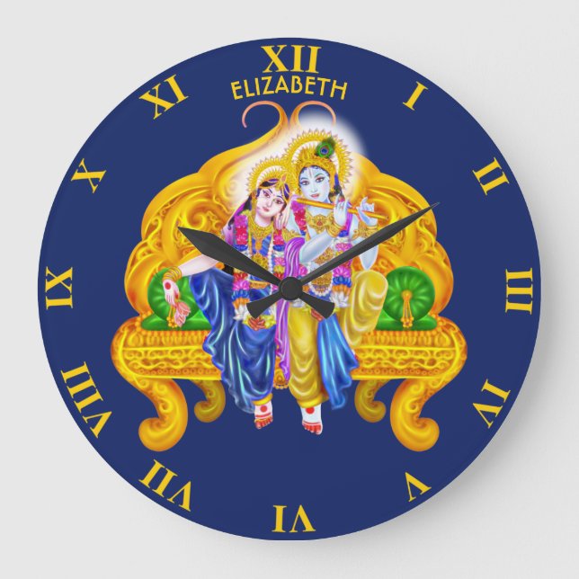 Krishna Radha Vigneshwara Psychedelic Hinduism Large Clock (Front)