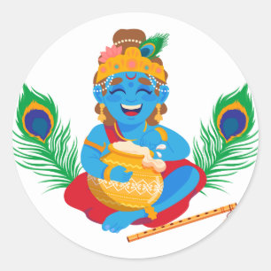 Krishna with butter pot peacock feather classic round sticker
