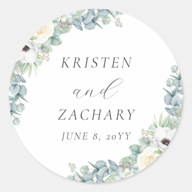 Kristen Elegant Boho Floral Greenery Wedding Favou Classic Round Sticker (Front)