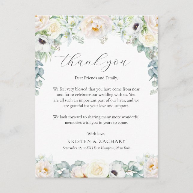 Kristen White Floral Wedding Reception Thank You Postcard (Front)