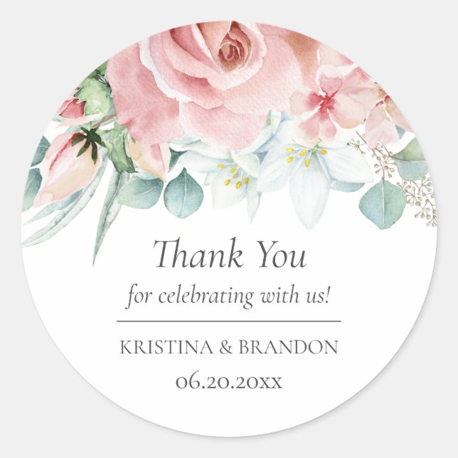 Kristina Floral Pink Wedding Favour Classic Round Sticker (Front)