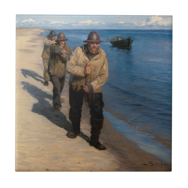 Kroyer - Three Fishermen Pulling a Boat Ceramic Tile (Front)