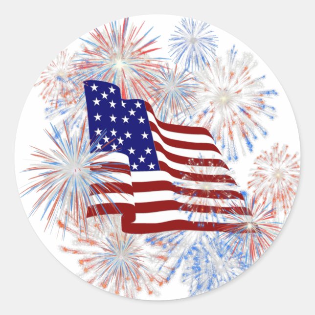 KRW American Flag Fireworks Patriotic Classic Round Sticker (Front)