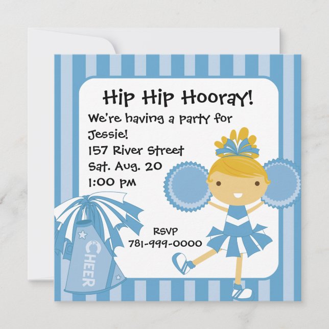 KRW Blue Cheerleader 2 Sided Birthday Invitation (Front)