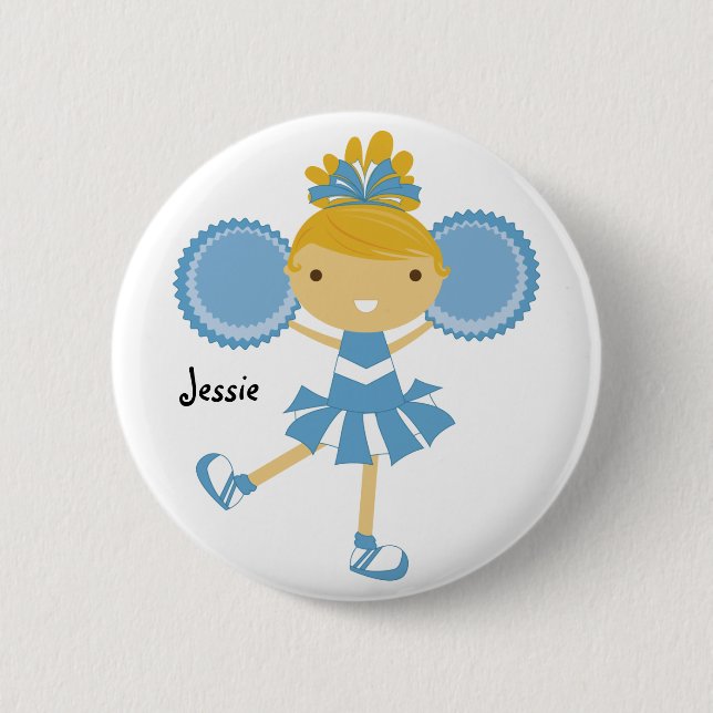 KRW Blue Cheerleader Birthday Party Name Button (Front)