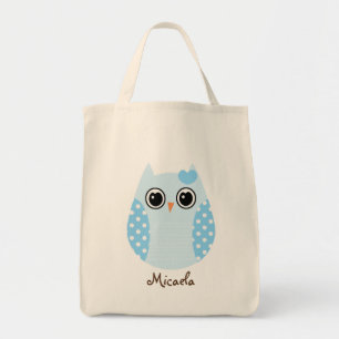 KRW Blue Polka Dot Owl Custom Name Tote Bag