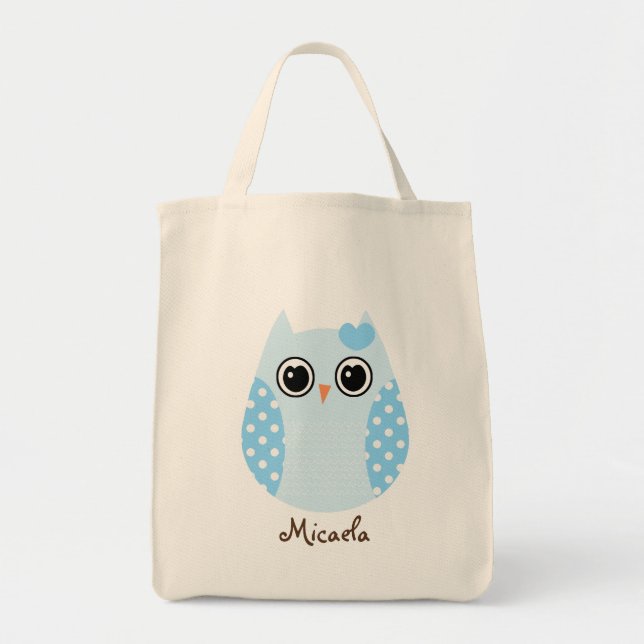 KRW Blue Polka Dot Owl Custom Name Tote Bag (Front)