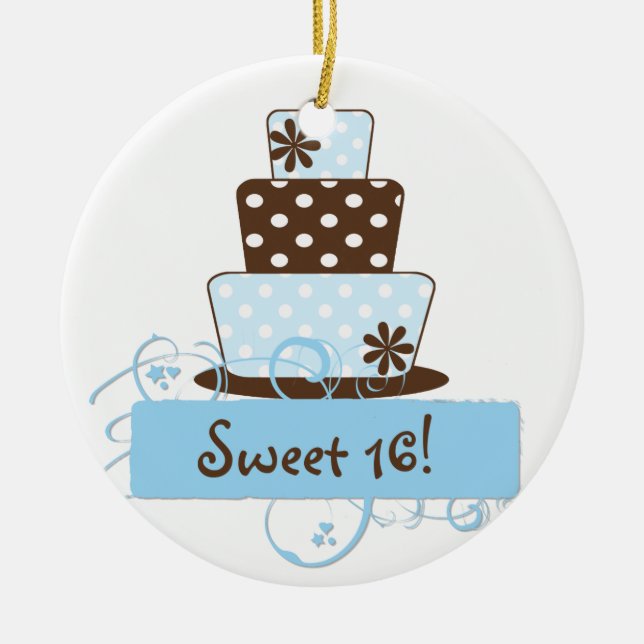 KRW Blue Polka Dot Sweet 16 Cake Keepsake Ornament (Front)