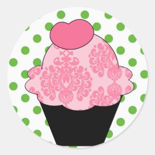 KRW Fancy Pink Cupcake with Green Dots Classic Round Sticker