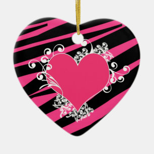 KRW Heart and Swirls Zebra Black and Pink Keepsake Ceramic Ornament