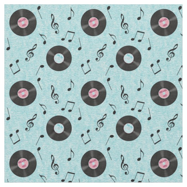 KRW Light Blue Retro Records Music Fabric (Close Up)