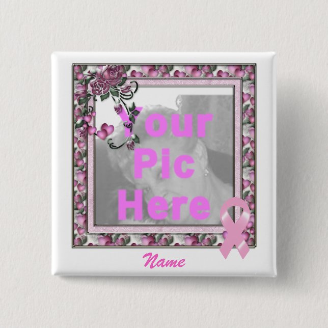 KRW Pink Ribbon Custom Pic Frame 15 Cm Square Badge (Front)
