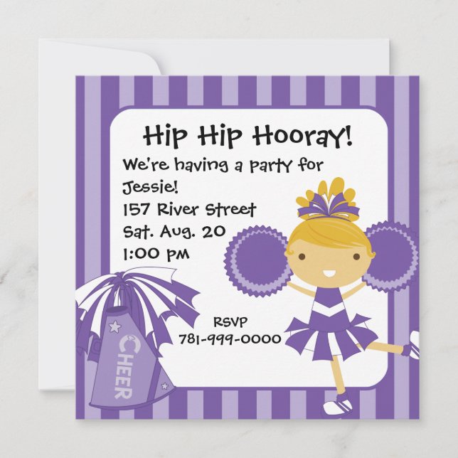 KRW Purple Cheerleader Birthday Party Invitation (Front)