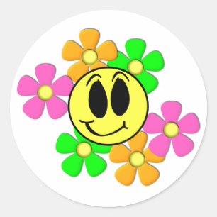 KRW Retro Smile Face and Neon Flowers Classic Round Sticker
