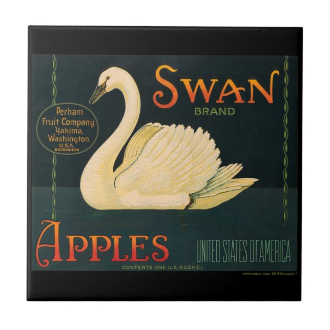 KRW Vintage Swan Apples Fruit Crate Label Ceramic Tile (Front)