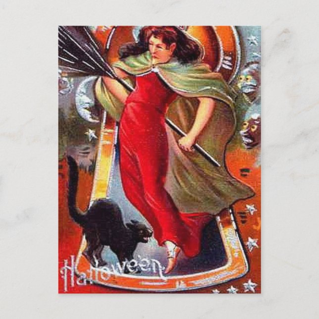 KRW Vintage Tricky Witch Halloween Postcard (Front)