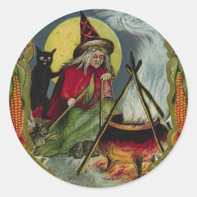 KRW Vintage Witch and Cauldron Halloween Sticker (Front)