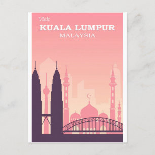 Kuala Lumpur Malaysia Pink Vintage Travel Poster Postcard