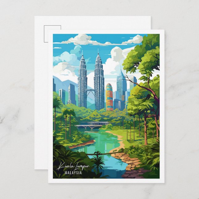 Kuala Lumpur Malaysia Vintage Travel Illustration Postcard (Front/Back)