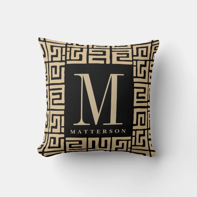 Kuba Cloth Inspired Sand|Black Monogram Cushion (Front)