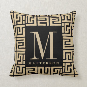 Kuba Cloth Inspired Sand Black Monogram Cushion