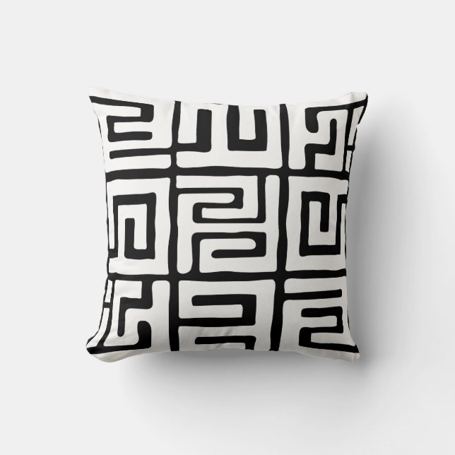 Kuba Cloth Inspired White|Black Geometric Cushion (Front)