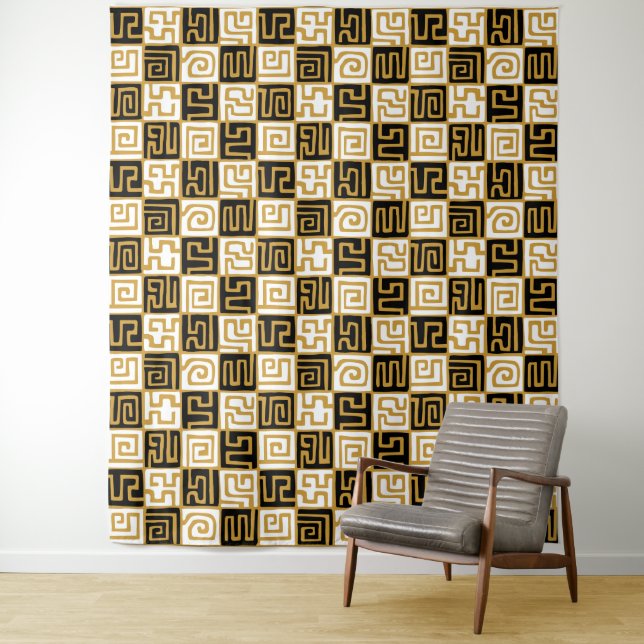 Kuba Style 071019 - Black, White and Gold v2 Tapestry (In Situ)